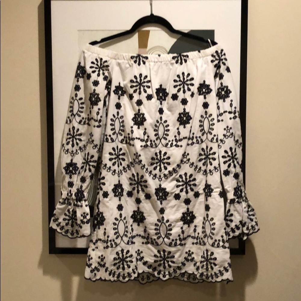 Black and white eyelet off the shoulder dress